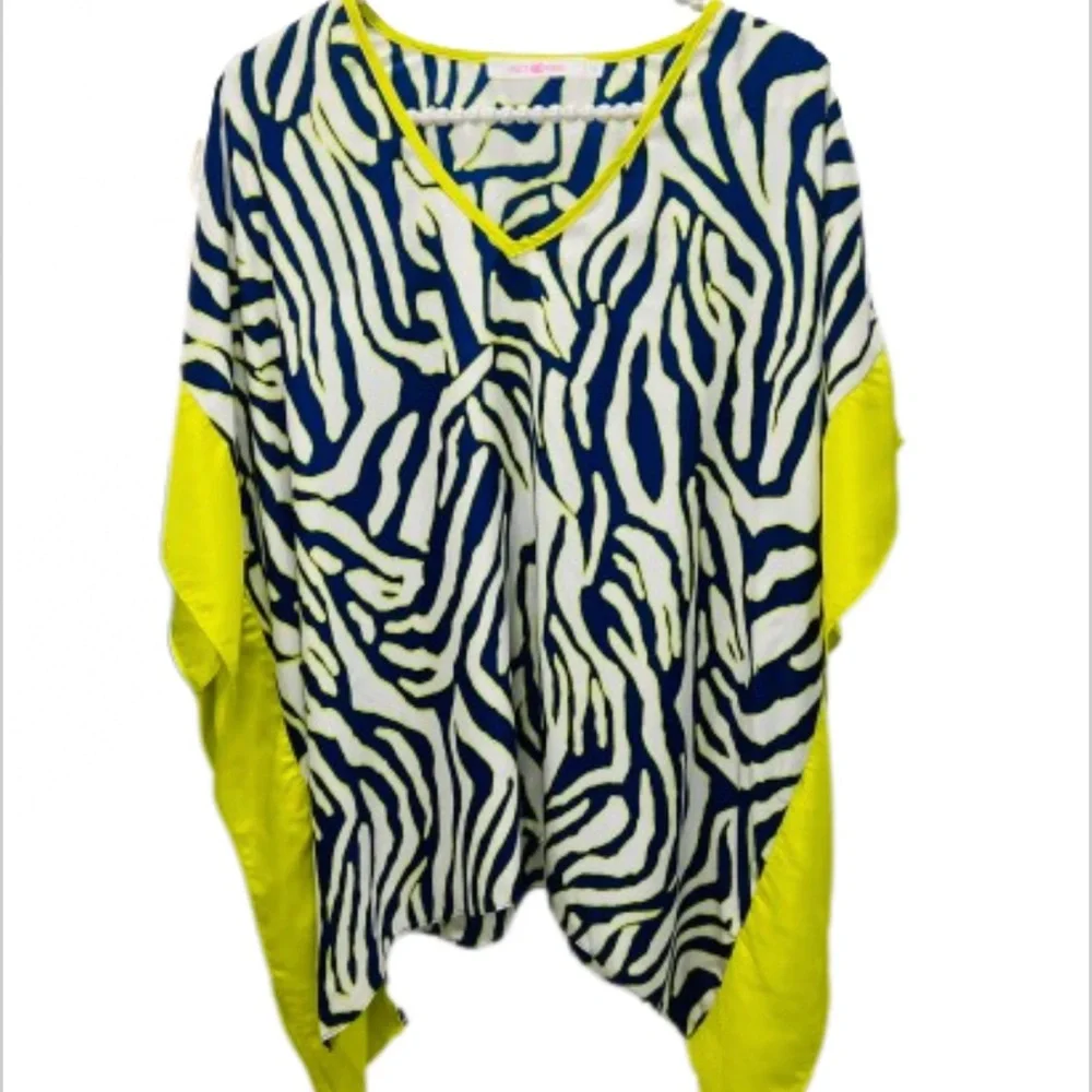 ALICE & TRIXIE Silk Neon Yellow Blue Short Sleeve Tunic Blouse Top Size … - Picture 11 of 11